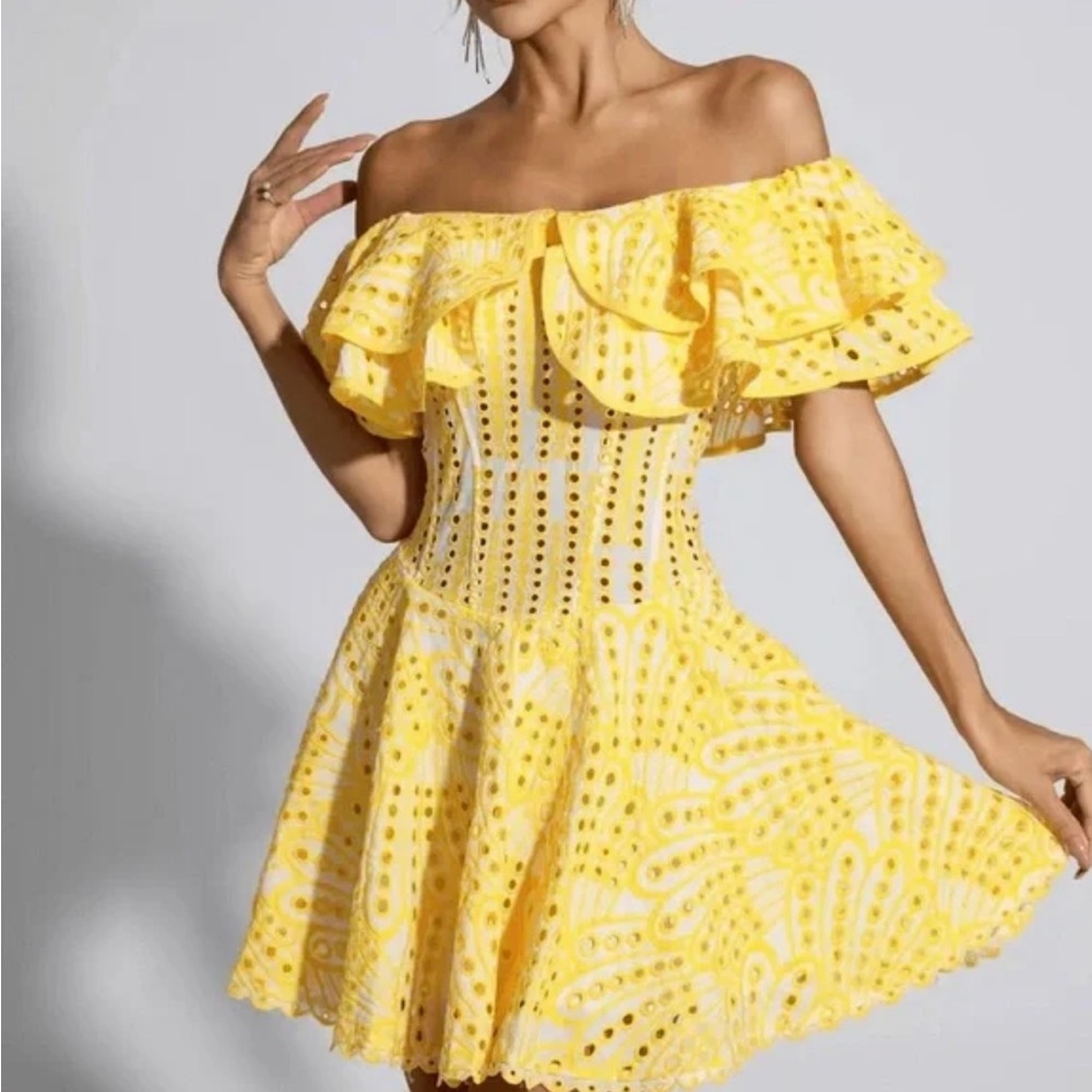 Off-Shoulder Yellow Eyelet Mini Dress